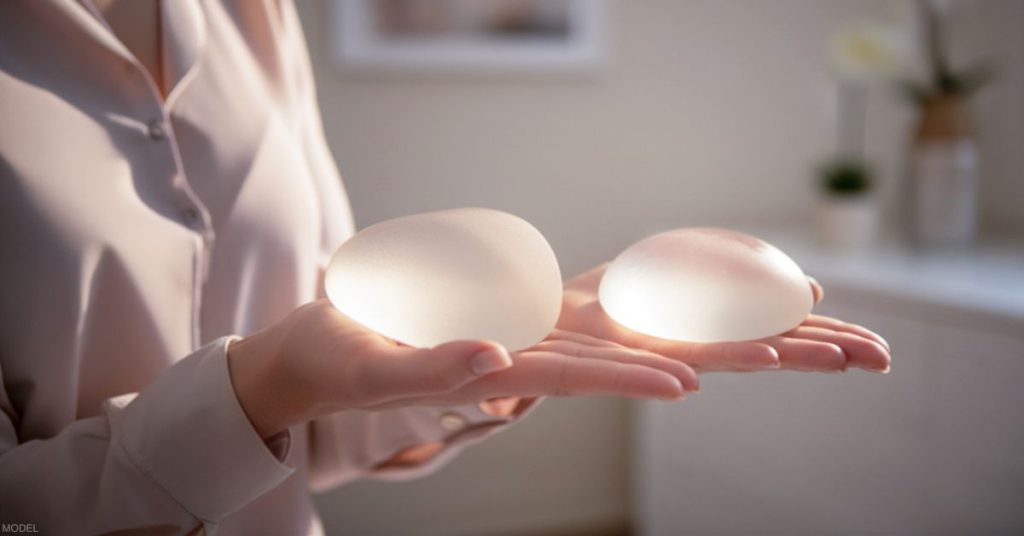 Woman comparing breast implant sizes (model)